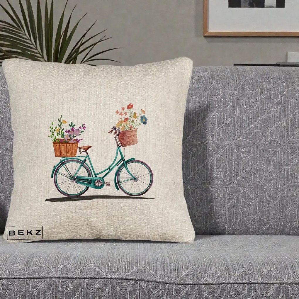 Perna Decorativa Bicicleta Florala Turcoaz Acuarela, 40x40 cm, Bej Canapea, Husa Detasabila, Perna Inclusa, BEKZ®