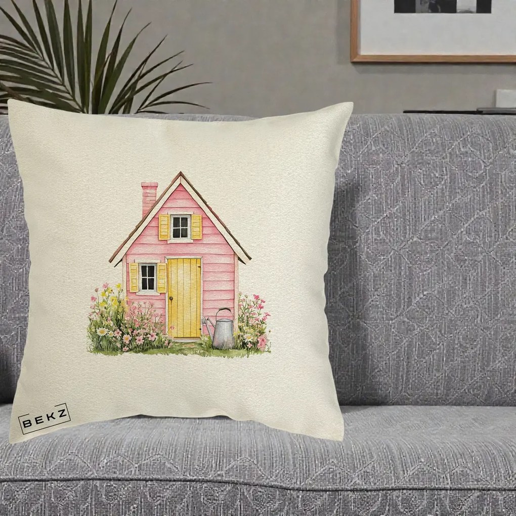 Perna Decorativa Casuta Roz Acuarela cu Gradina, 40x40 cm, Ecru, Husa Detasabila, Perna Inclusa, BEKZ®