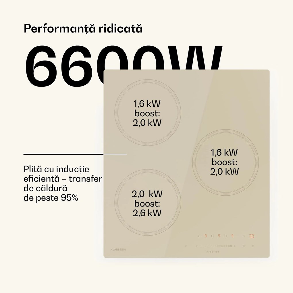 Klarstein Plită cu inducție Victoria, 45 cm, 6 600 W, 3 zone de gătit, control glisant, boost