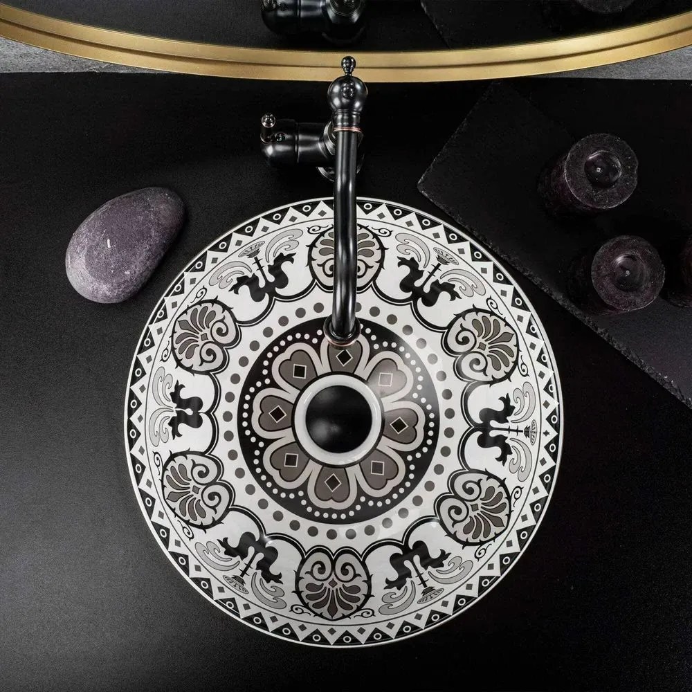 Lavoar pe blat ceramic Rea Etno 40 cm alb-negru