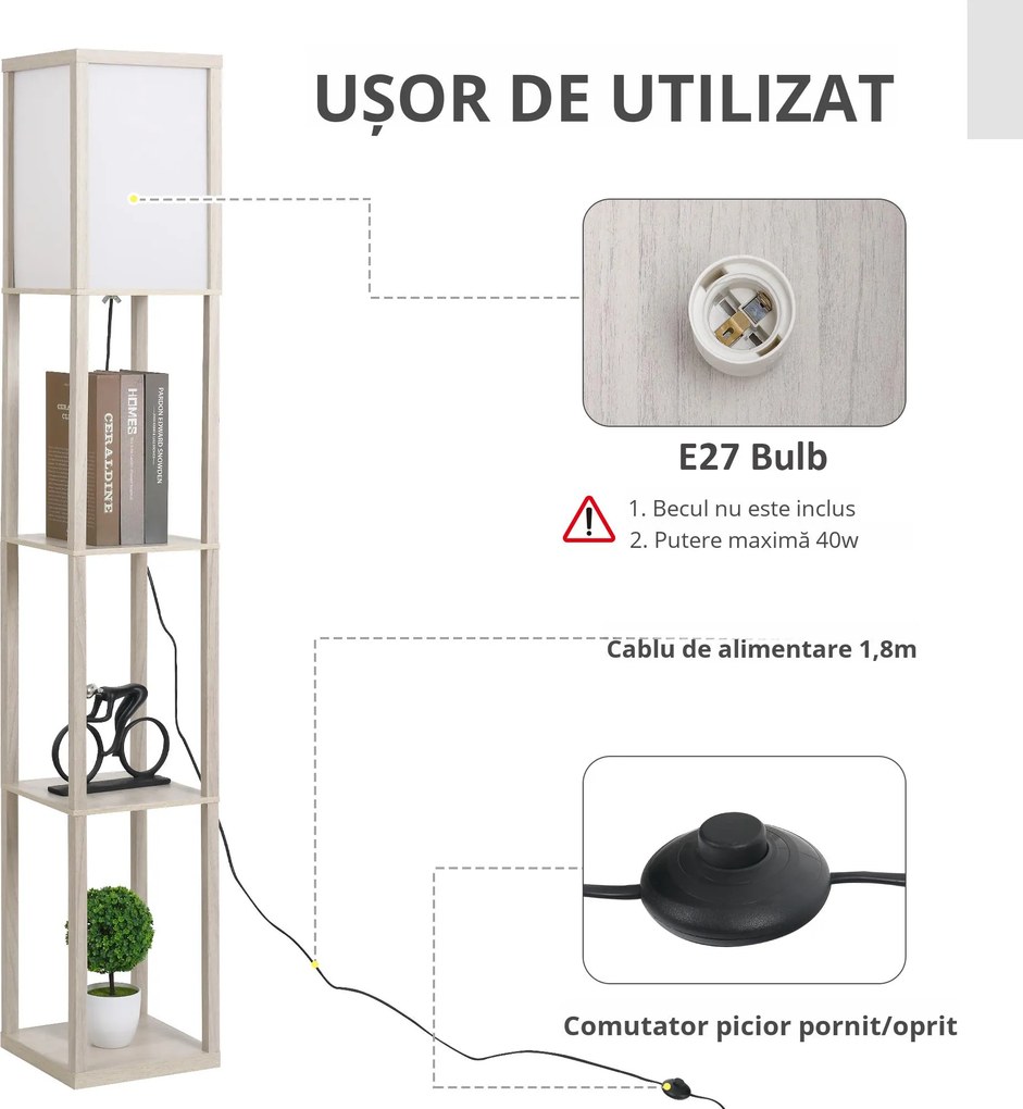 HOMCOM Lampă de podea cu rafturi integrate, Suport E27, 40W, Design Modern din MDF, 26x26x160cm, Stejar | Aosom Romania