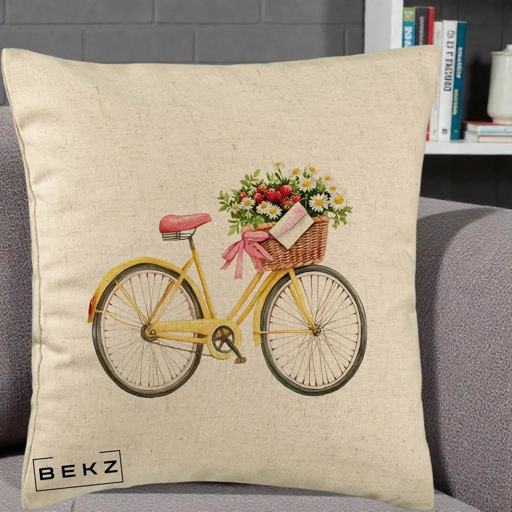 Perna Decorativa Bicicleta Galbena cu Cos de Flori Primavara, 40x40 cm, Bej, Husa Detasabila, Perna Inclusa, BEKZ®