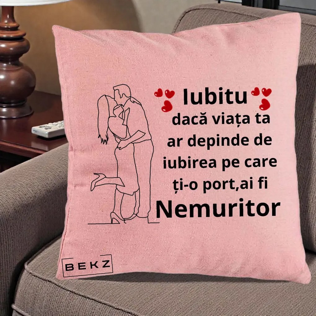 Cadou pentru Iubit - Perna Personalizata Iubitu Nemuritor cu Cuplu Line-Art si Inimi Rosii, 40x40 cm, Roz, Husa Detasabila, Perna Inclusa, BEKZ®