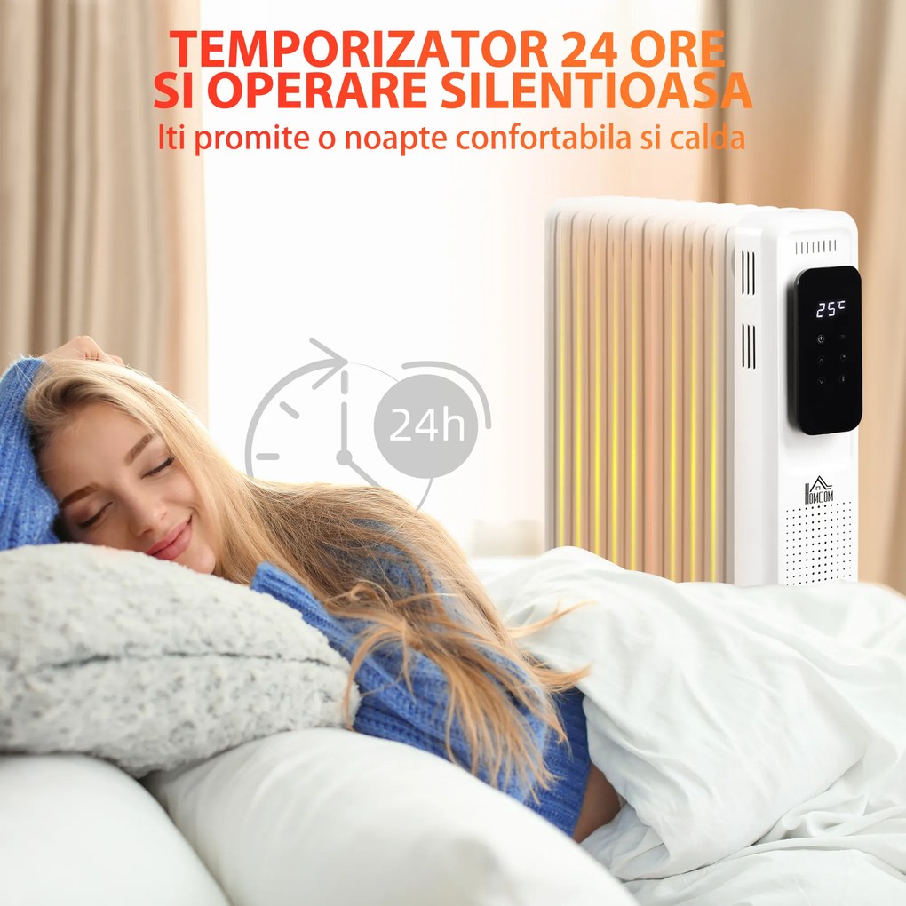 HOMCOM Radiator cu Ulei cu 9 Elementi, Temperatura Reglabila, 3 Nivele de Incalzire si Timer, 42.5x24x63cm, Alb | Aosom Romania