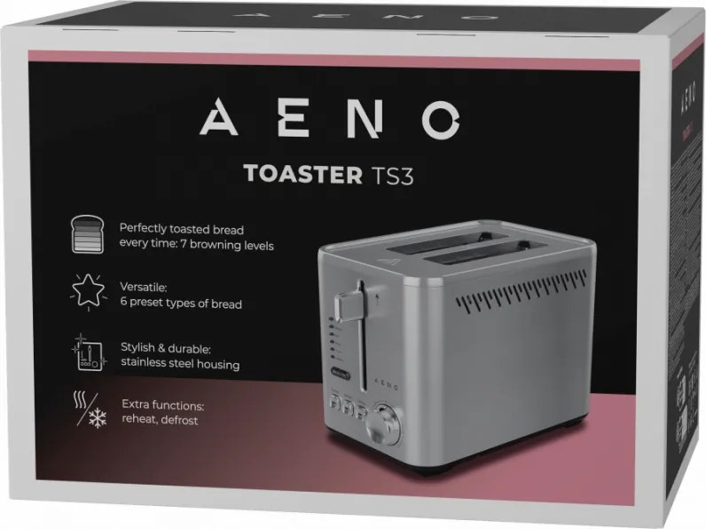 Prajitor de paine AENO ATS0003, 950 W, 6 tipuri de paine, 7 trepte de prajire, Preincalzire, Dezghetare, LED, Otel inoxidabil