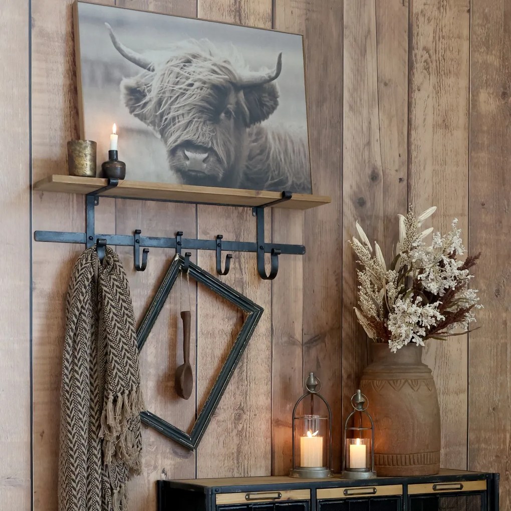 Cuier din lemn si fier, cu un raft, Antique Black