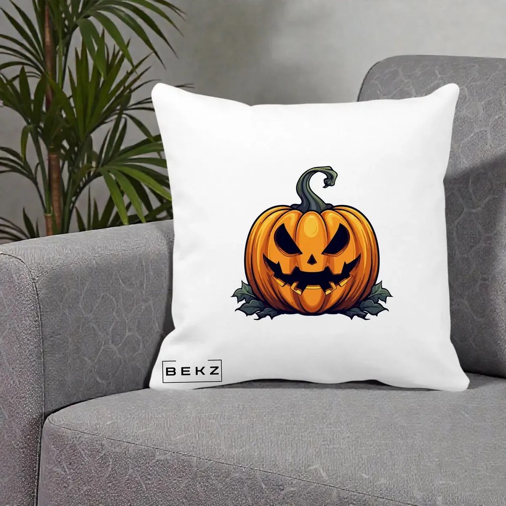 Perna Decorativa Halloween Jack-o'-Lantern Infricosator, 40x40 cm, Alba Mata, Husa Detasabila, Perna Inclusa, BEKZ®