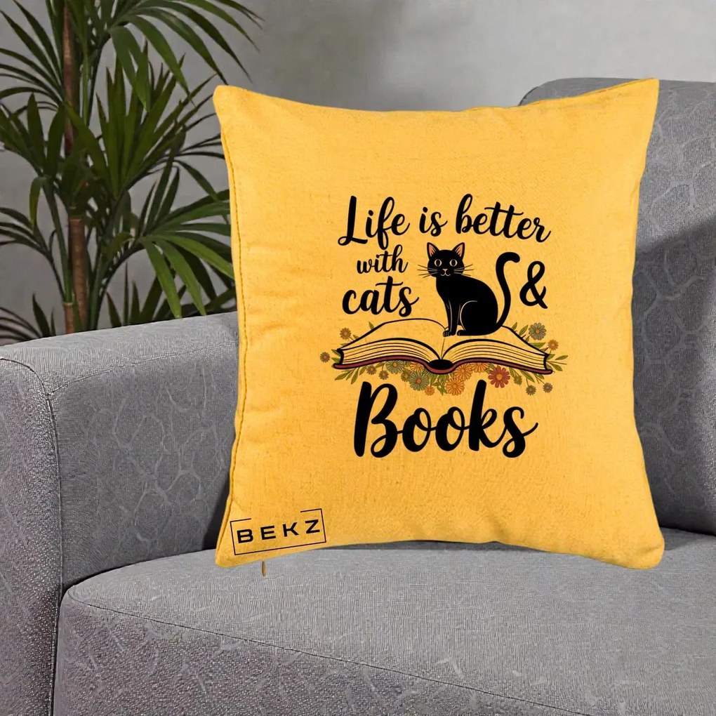 Perna Personalizata Life is Better Cats and Books, 40x40 cm, Galben, Husa Detasabila, Perna Inclusa, BEKZ®