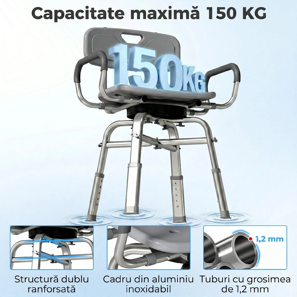 HOMCOM Scaun de Duș Rotativ cu Înălțime Reglabilă, Brațe și Spătar, Capacitate 150 kg, Gri | Aosom Romania