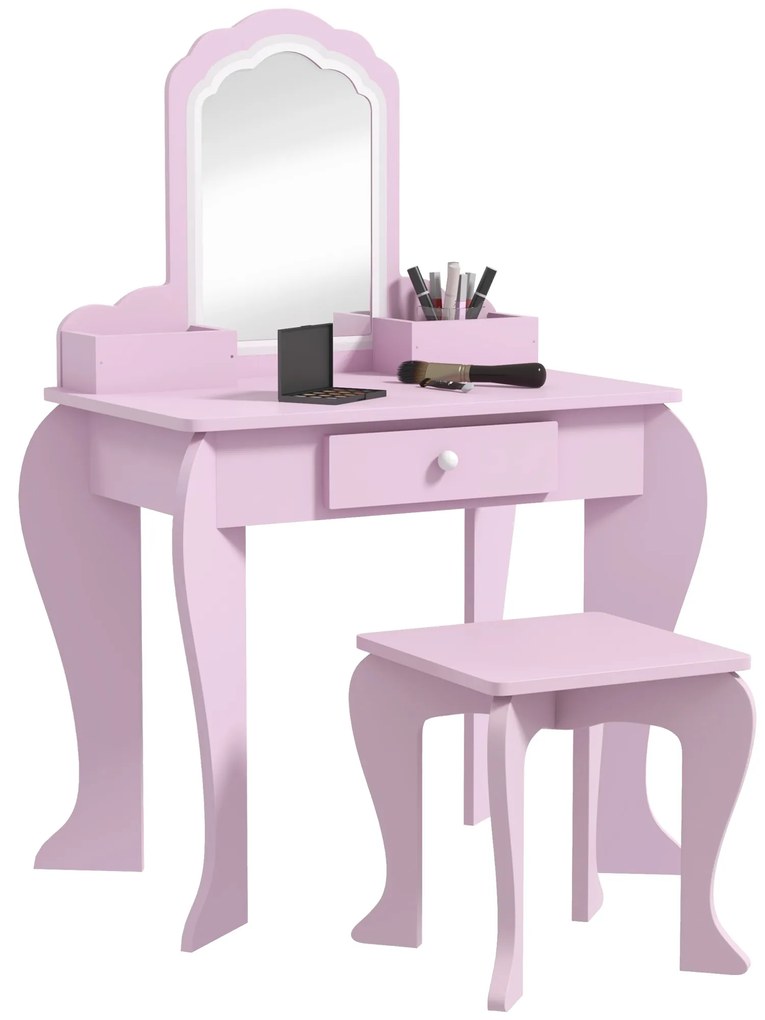 ZONEKIZ Set Toaletă pentru Copii cu Oglindă pentru Machiaj și Scaunel din Lemn Roz | Aosom Romania