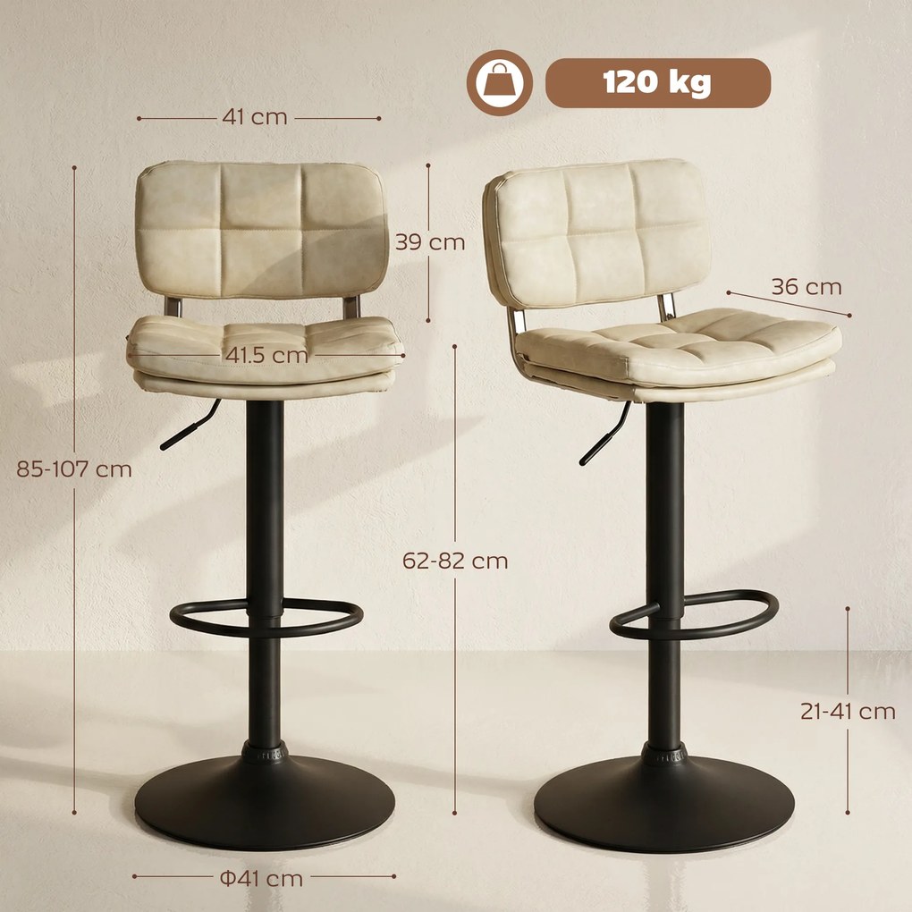 HOMCOM Set de 2 scaune de bar vintage capitonate - rotative, reglabile - suport pentru picioare - tapițerie sintetică cremă | Aosom Romania