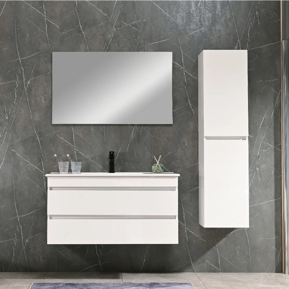 Mască de baie Cube 100 cu chiuvetă ceramică, 2 sertare, vopsită în alb lucios