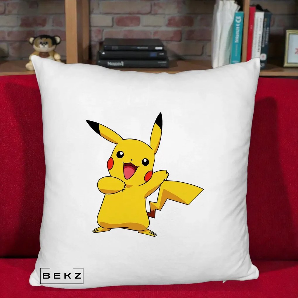 Perna Personalizata Pikachu Fericit, 40x40 cm, Alb Pufos, Husa Detasabila, Perna Inclusa, BEKZ®