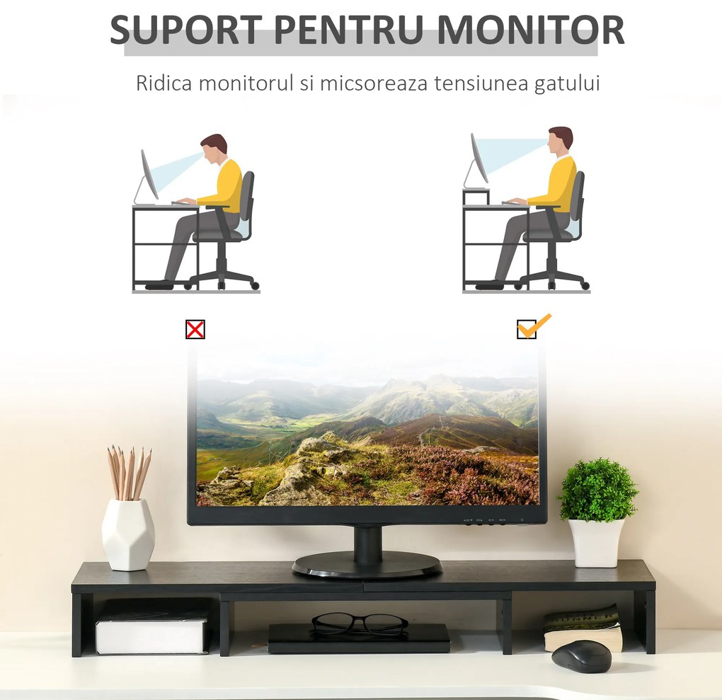Vinsetto Stand pentru doua monitoare cu lungime si unghi reglabil, stand ridicare ecran pentru laptop, computer | Aosom Romania