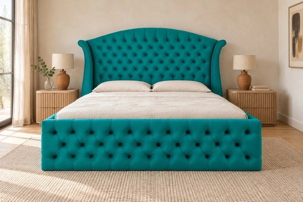 Pat tapițat Chesterfield din catifea Sorella Simple 160×200 cm, turcoaz, cu ladă de depozitare