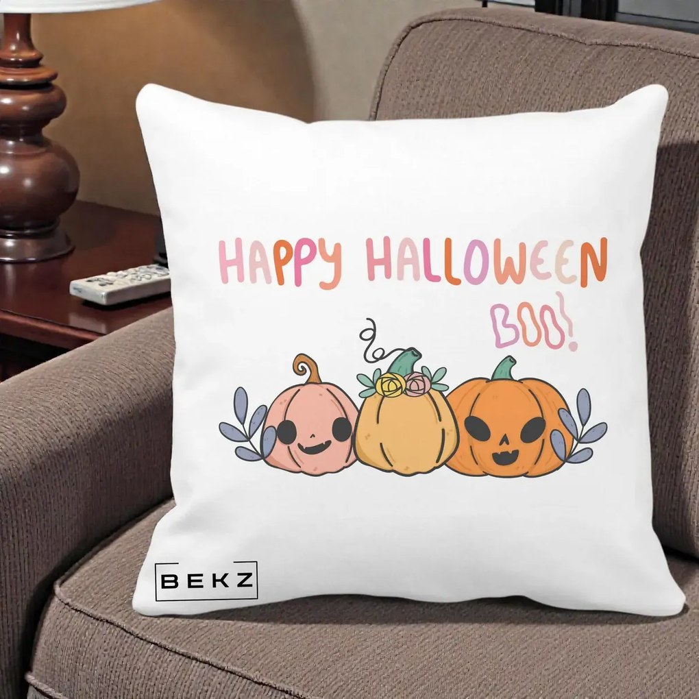 Perna Decorativa Happy Halloween Boo Trei Dovlecei Kawaii, 40x40 cm, Alba Mata, Husa Detasabila, Perna Inclusa, BEKZ®