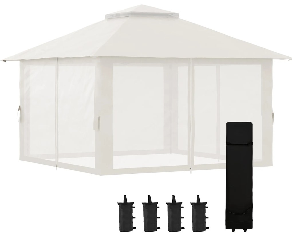 Outsunny Tonela de grădină pop-up pliabilă cu acoperiș dublu protecție UV 50+ cu 4 plase de țânțari cu fermoar 4 x 4 m Alb | Aosom Romania
