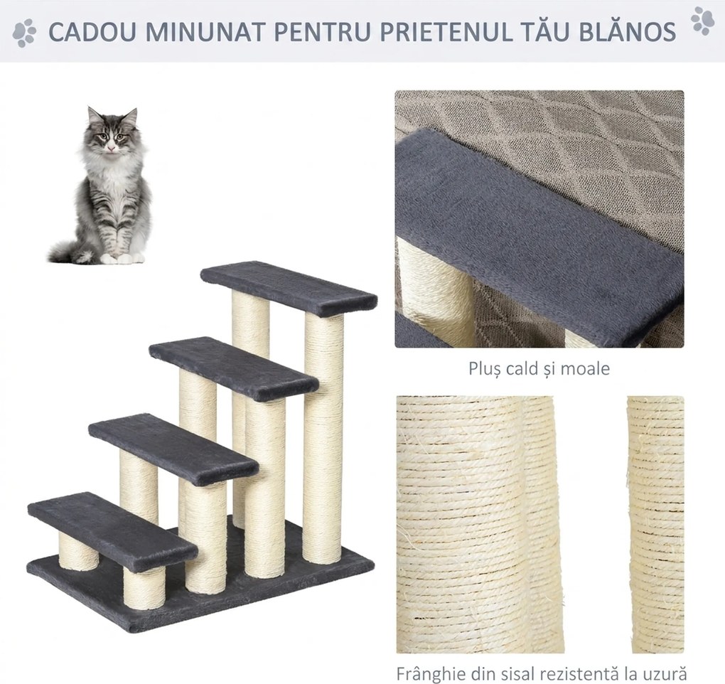 PawHut Scalettă pentru Pisici cu 4 Trepte, Stâlpi de Zgâriat din Sisal și Husă din Pluș, 60x40,5x59 cm, Gri | Aosom Romania