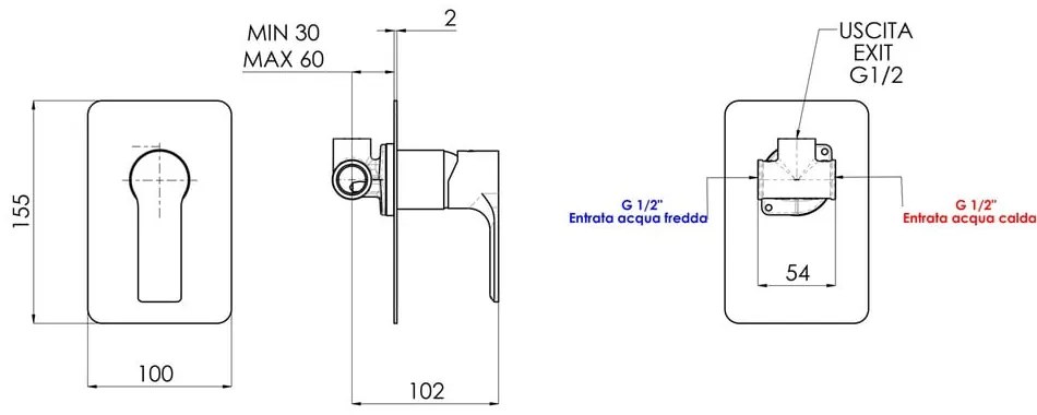 Baterie negru-mat pentru duș încastrată (1 ieșire) Pax – Sapho