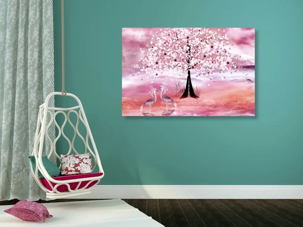 Tablou stârci sub copacul magic în design roz