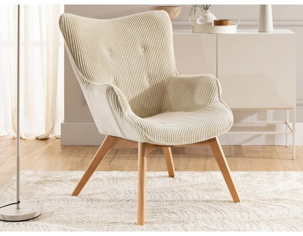 Fotoliu bej cu tapițerie din catifea reiată Niko – Ropez