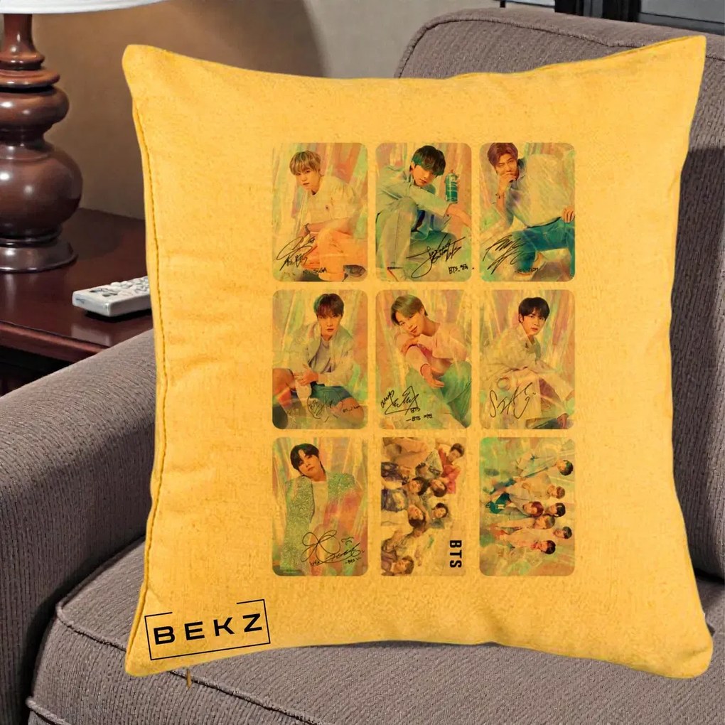 Perna Personalizata K-pop BTS Colaj 9 Fotografii Autografe Individual, 40x40 cm, Galben, Husa Detasabila, Perna Inclusa, BEKZ®