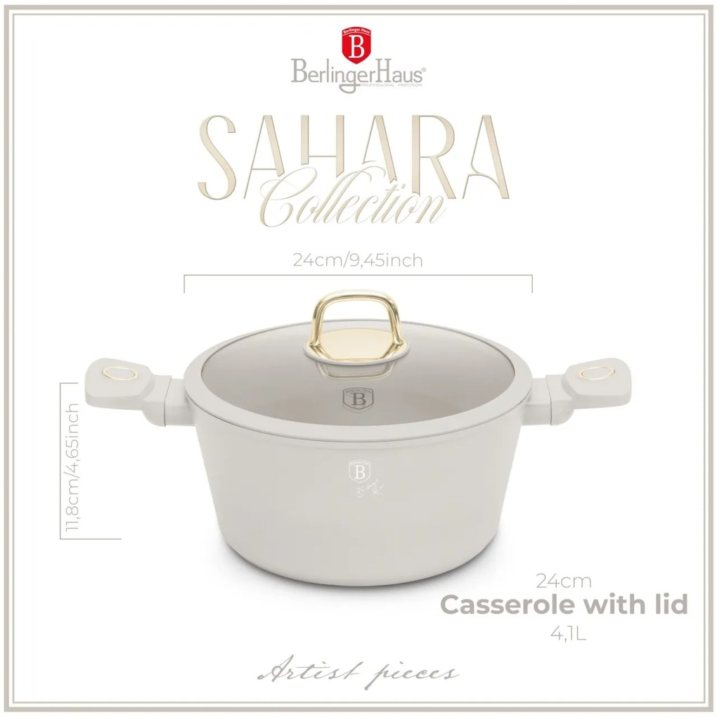 Oală cu capac 24 cm, 4.1L – Berlinger Haus Sahara Collection BH 8071, crem, antiaderentă cu titan, pentru supe și tocane