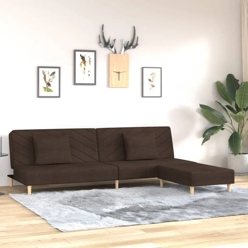 3081812 vidaXL Canapea extensibilă 2 locuri, 2 perne și taburet, maro, textil