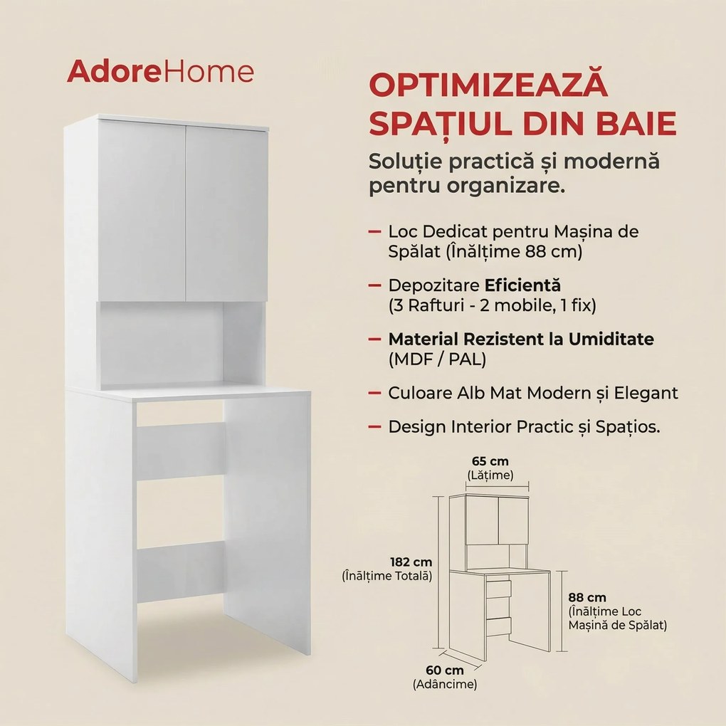 Dulap Baie Adore cu Loc Pentru Masina de Spalat, 3 Rafturi, 2 Usi, Alb, 65x182x60 cm
