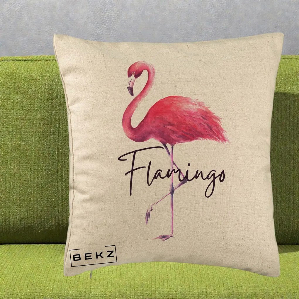 Perna Decorativa Flamingo Acuarela, 40x40 cm, Bej, Husa Detasabila, Perna Inclusa, BEKZ®