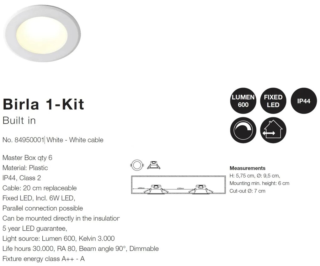 Spot LED incastrabil pentru baie IP44 Birla 84950001 NL