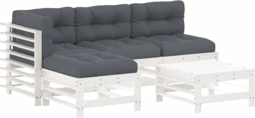 vidaXL Set mobilier de grădină cu perne, 5 piese, alb, lemn masiv