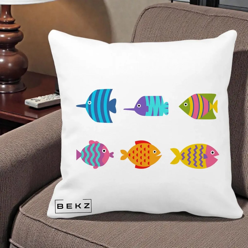 Perna Decorativa Pesti Colorati Cartoon, 40x40 cm, Alba Mata, Husa Detasabila, Perna Inclusa, BEKZ®