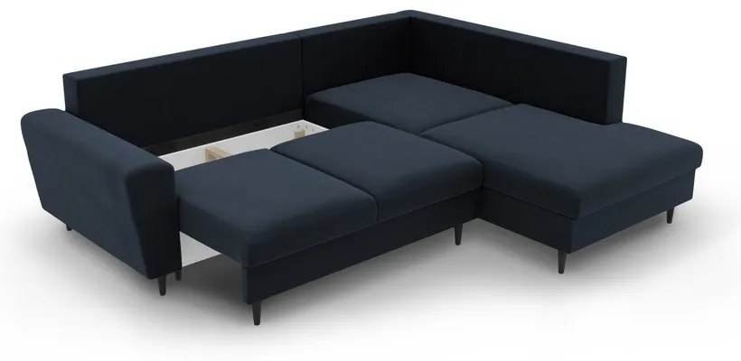 Colțar albastru închis extensibil, cu spațiu de depozitare cu tapițerie din catifea (cu colț pe partea dreaptă-în formă de ”L”) Kyoto – Cosmopolitan Design
