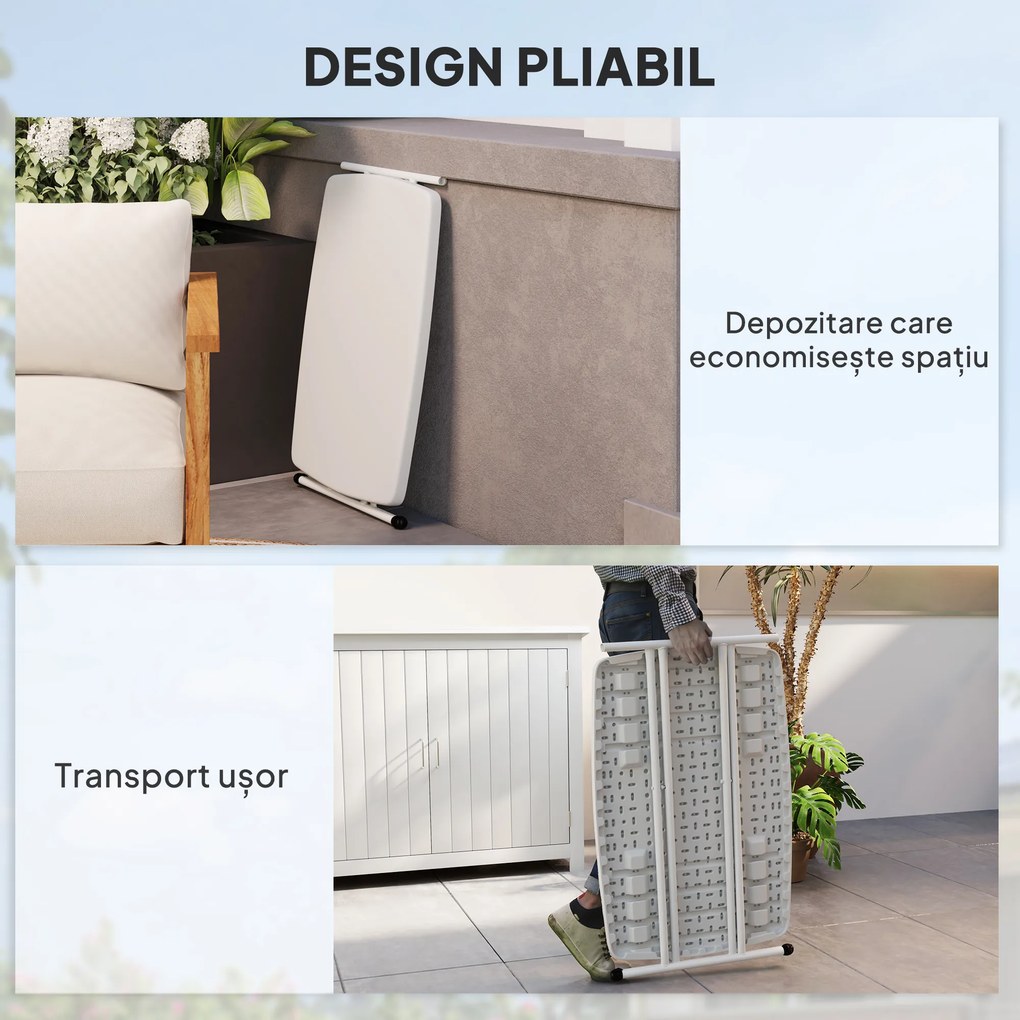 Outsunny Măsuță de Cafea Pliabilă, Reglabilă pe Înălțime și Portabilă, cu Blat HDPE și Cadru Metalic, 76x50x74 cm, Alb | Aosom Romania