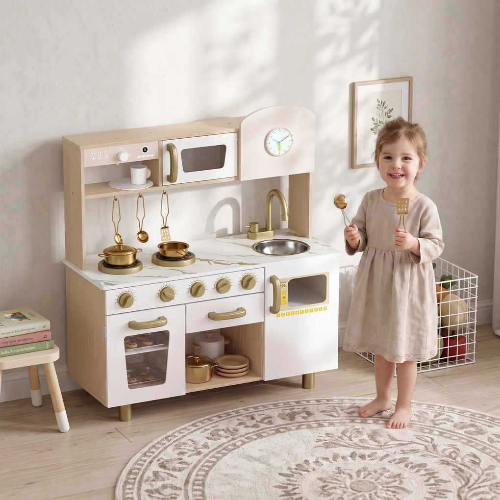 AIYAPLAY Bucătărie de Jucărie pentru Copii cu Plită, Robinet și Accesorii, MDF și Oțel Inoxidabil, 74 x 29 x 81 Cm, Alb | Aosom Romania