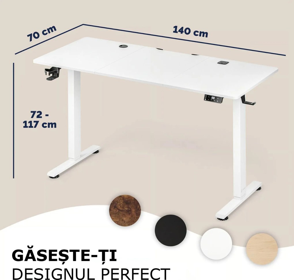 Birou de birou reglabil pe înălțime FLEXI, 140x60x72–117cm, alb Casaria