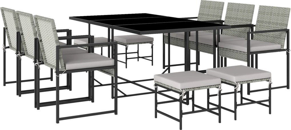 Outsunny Set de dining pentru patio 11 piese, mobilier exterior cu 6 fotolii, 4 pouf, gri | Aosom Romania