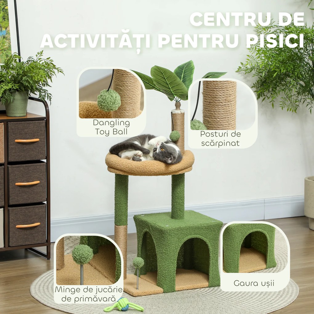 PawHut Ansamblu de Joacă pentru Pisici cu Căsuță, 2 Jucării cu Bilă și Pat Verde și Maro | Aosom Romania
