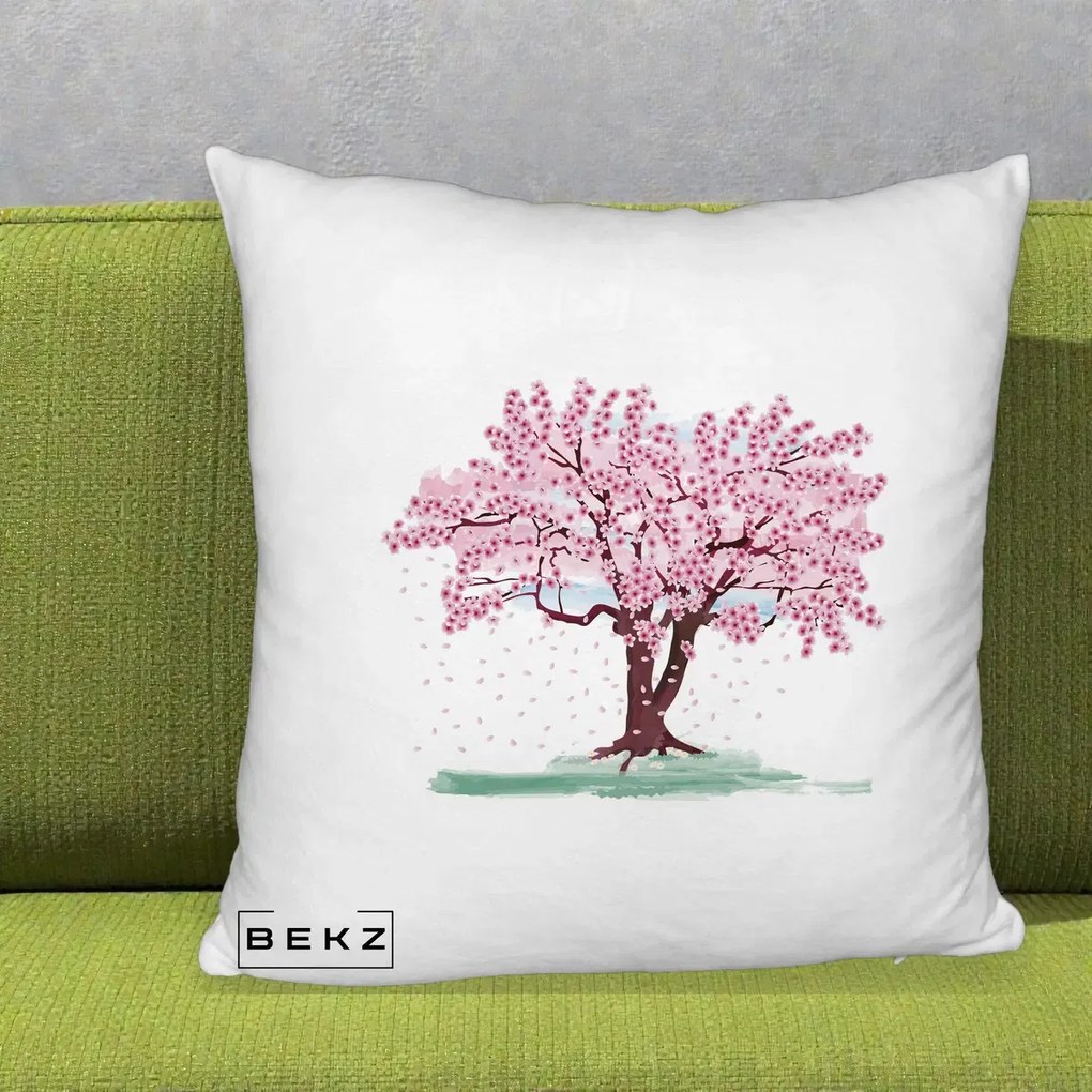 Perna Decorativa Cires Inflorit Acuarela, 40x40 cm, Alb Pufos, Husa Detasabila, Perna Inclusa, BEKZ®