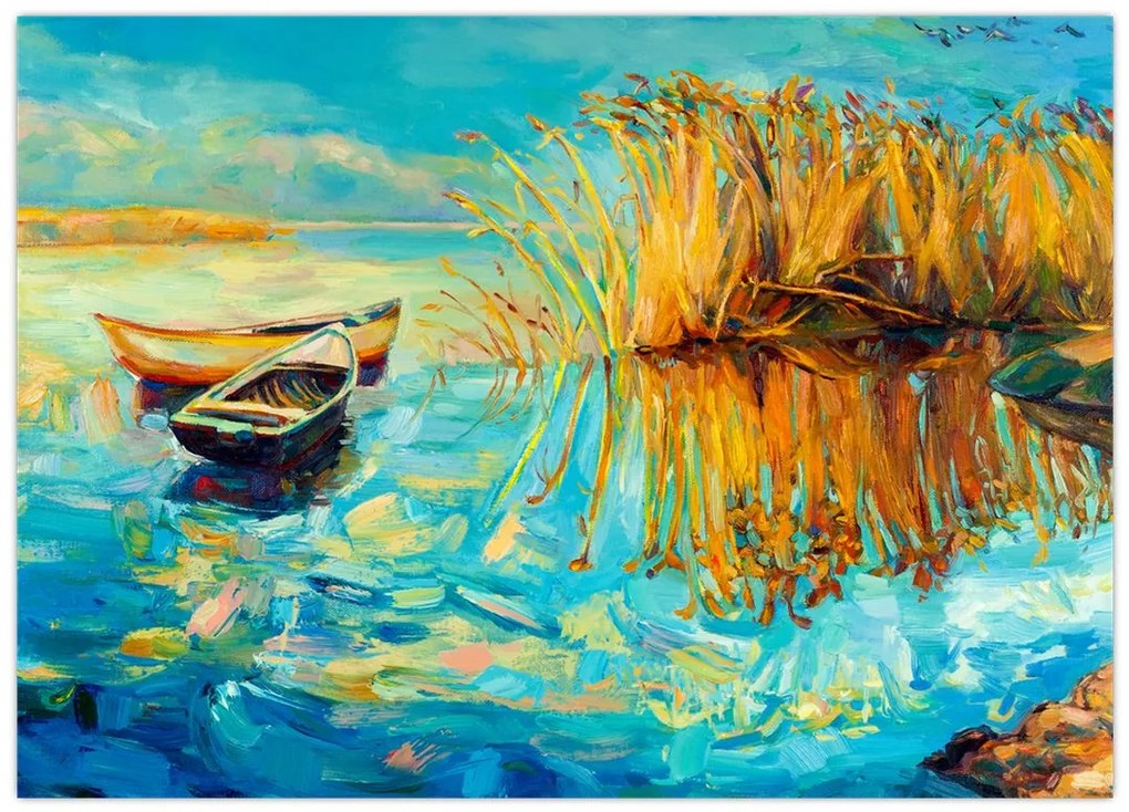 Tablou pe sticlă - Lacul cu bărci (70x50 cm)