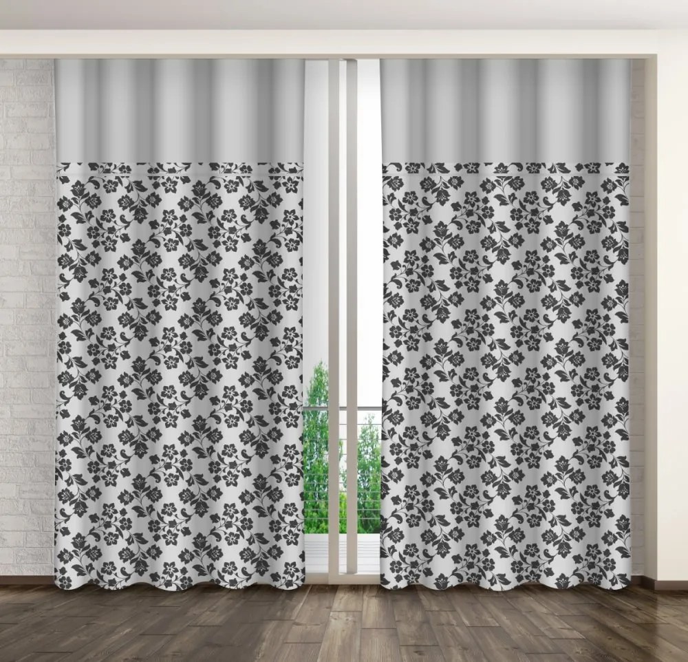 Draperie gri cu imprimeu de flori de grafit și margine gri deschis Lățime: 160 cm | Lungime: 270 cm