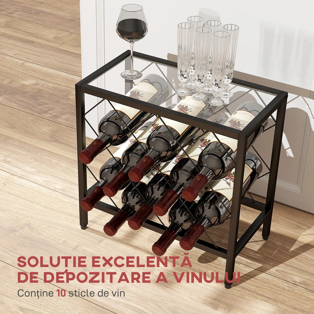 HOMCOM Suport pentru Sticle de Vin cu Blat din Sticlă Securizată și Cadru din Oțel, 41x22x41 cm, Negru | Aosom Romania