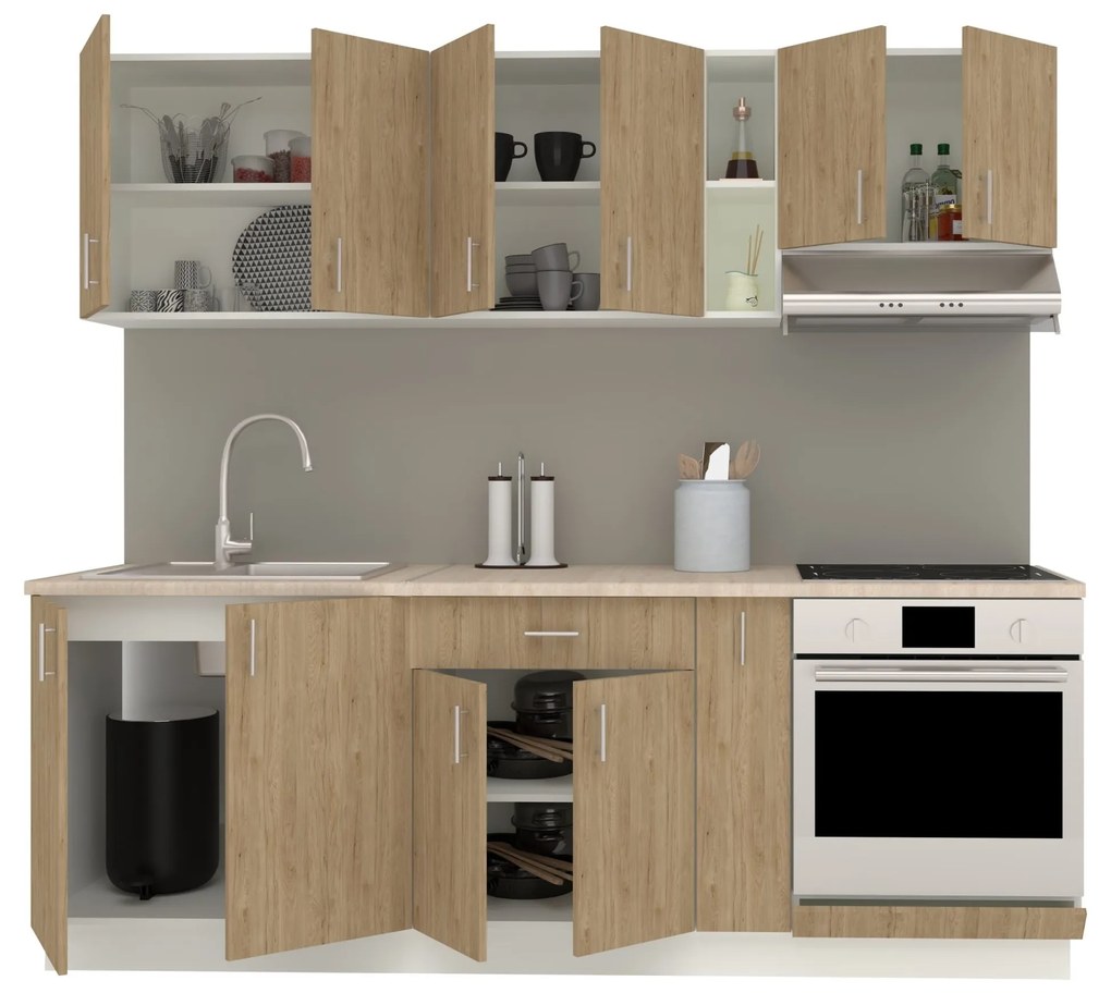 Set Bucatarie Karo V14, Lemn Natural/Alb, Blat Thermo 28 mm, L 220 cm