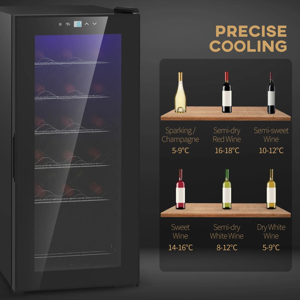 HOMCOM Frigider pentru Vinuri, Frigider de Vin cu Control al Temperaturii, Ecran Tactil Digital și Lumină LED, 18 Sticle, 34.5x45x78 cm, Negru