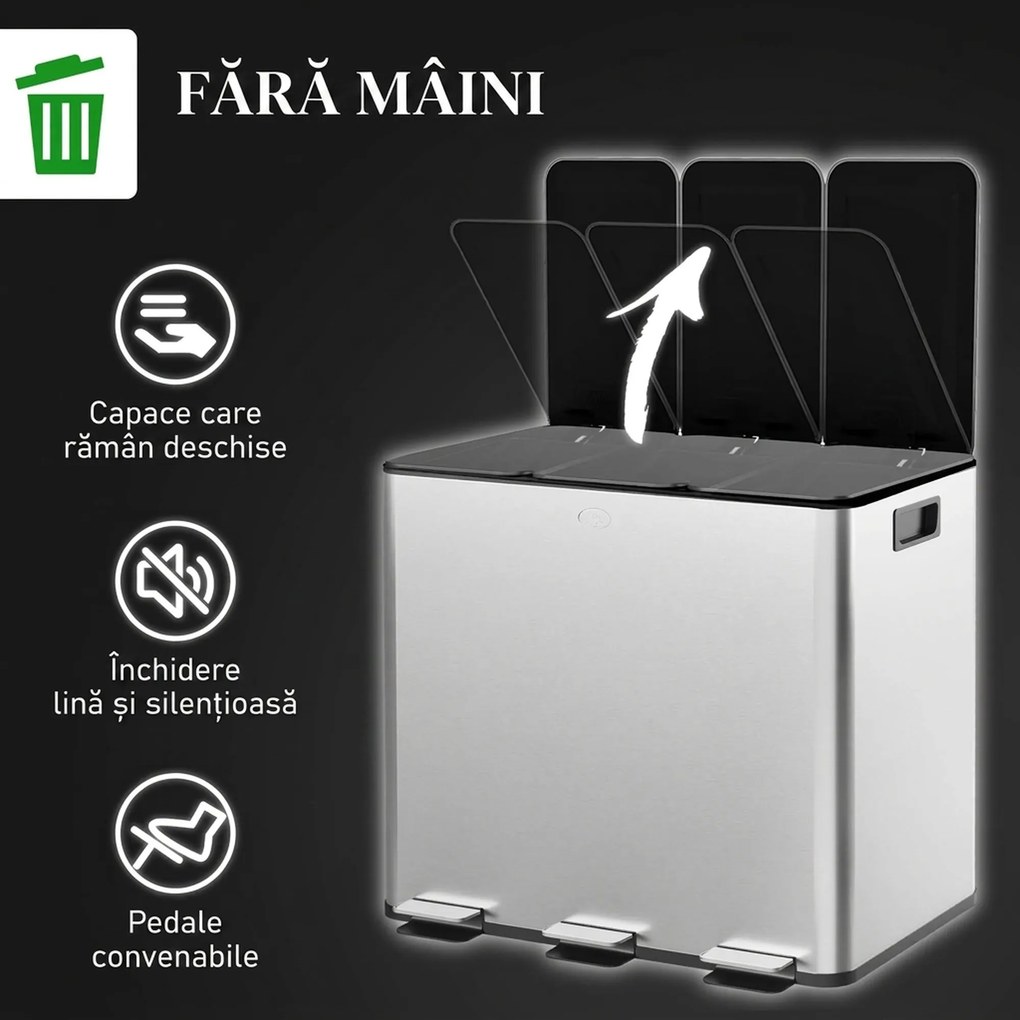 HOMCOM Pubelă de reciclare 45L cu 3 compartimente și închidere silențioasă, din oțel inoxidabil și PP, 61.9x36.6x43.2 cm, argintiu | Aosom Romania