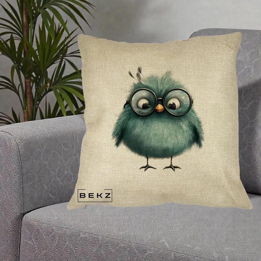 Perna Decorativa Pui Teal cu Ochelari Rotunzi, 40x40 cm, Crem, Husa Detasabila, Perna Inclusa, BEKZ®