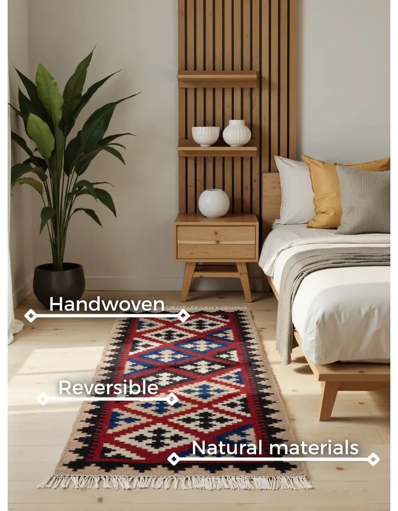 Covor tip traversă roșu reversibil, țesut manual din lână 60x190 cm Kamal Rami – Nouristan