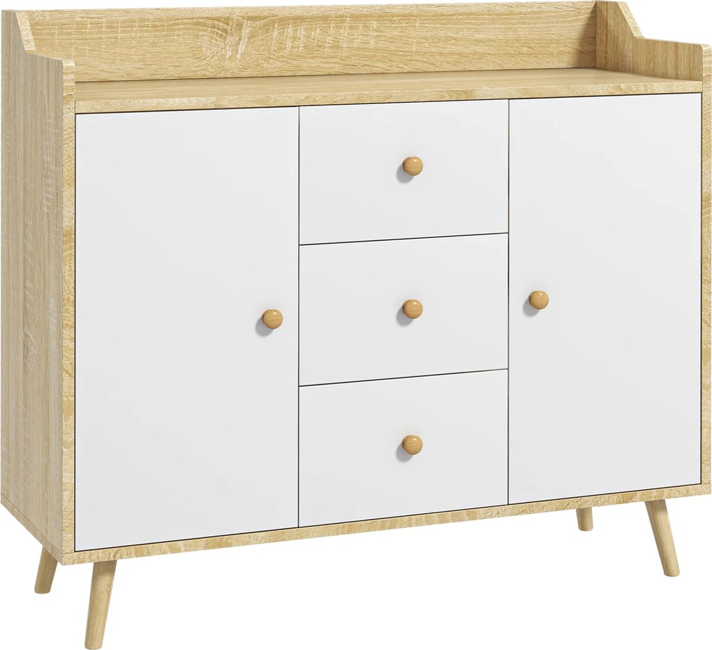 HOMCOM Comodă cu 3 Sertare și 2 Dulapuri cu Rafturi, Bufet Modern din PAL și Lemn de Pin, 90x32x80 cm, Alb | Aosom Romania