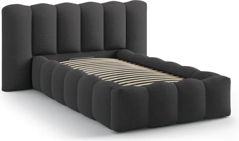 Pat gri antracit tapițat cu spațiu de depozitare cu somieră 90x200 cm Lupine – Micadoni